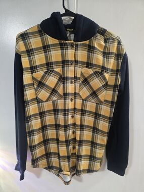 Mik Mesh Yellow & Navy Plaid Hooded Flannel Shirt
